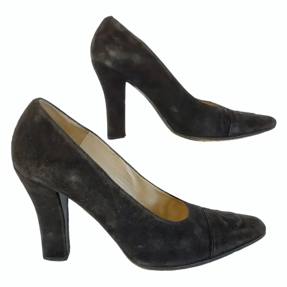 CHANEL Black Suede High Heel Pumps US size 9 Squared Heel EU Size 39.5 Luxury